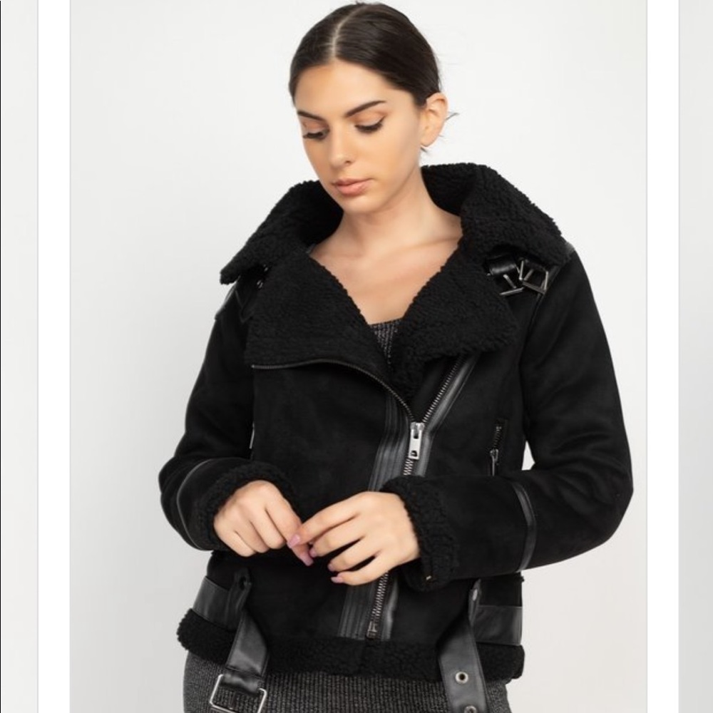 REBEL B BLACK SHEARLING BIKER COAT